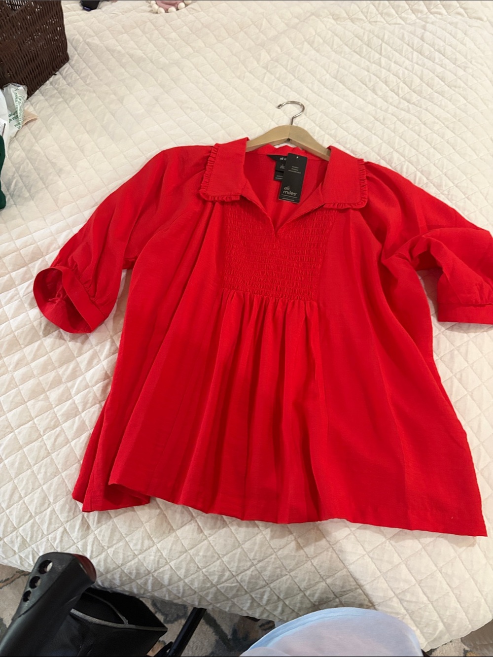 Ali Miles Red Smocked Peasant Tunic Top